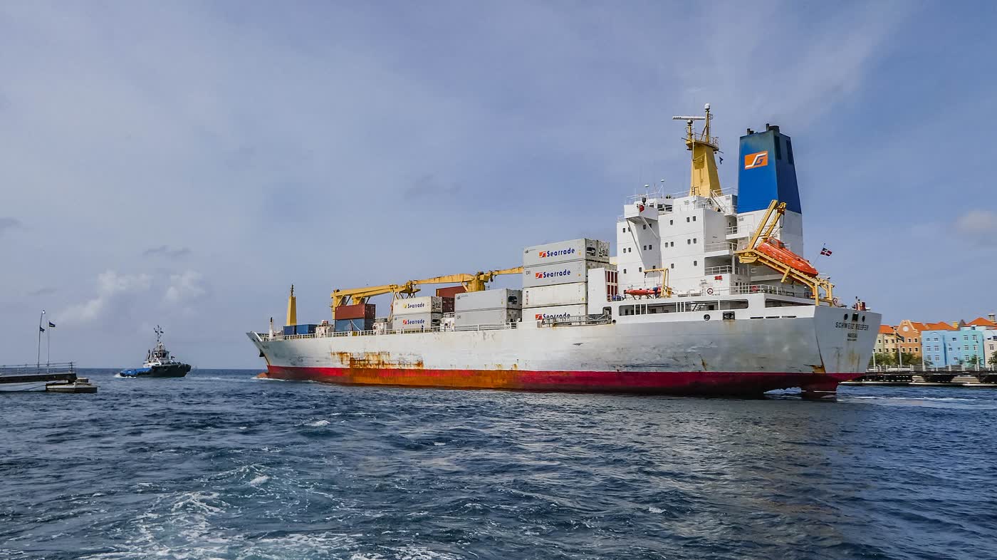 A container ship in the harbour of Willemstad, Curaçao